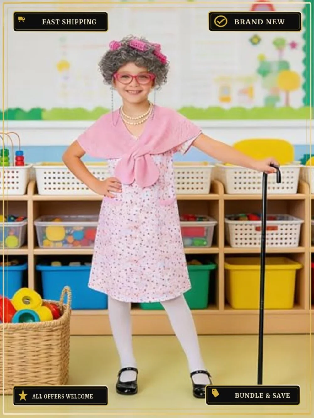 Girls Old Lady Costume 8 Piece Grandma Dress Up Set 100 Days of School